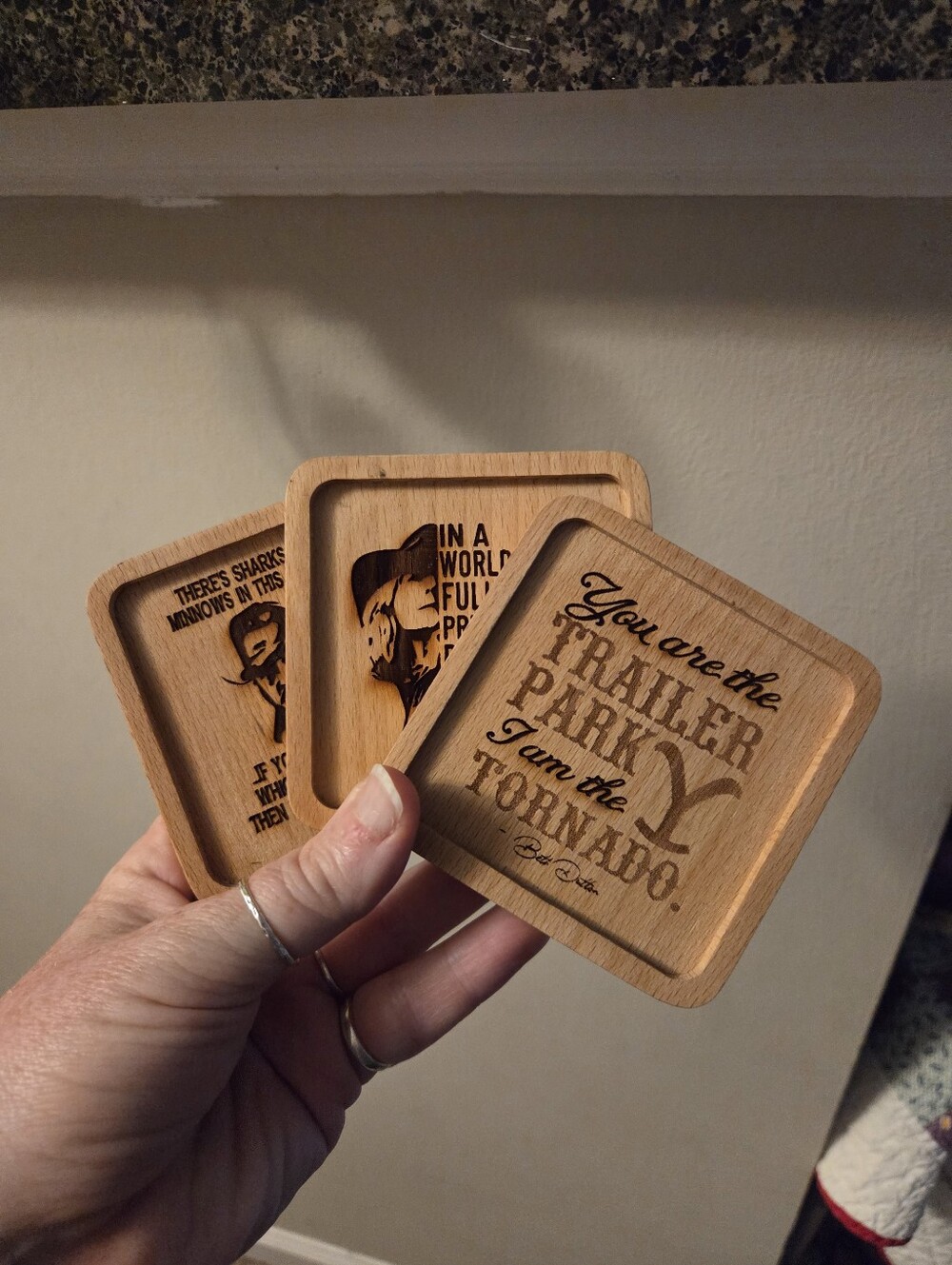 Yellowstone & Beth Dutton wood coaster set of 3 with engraved quote and silhouet